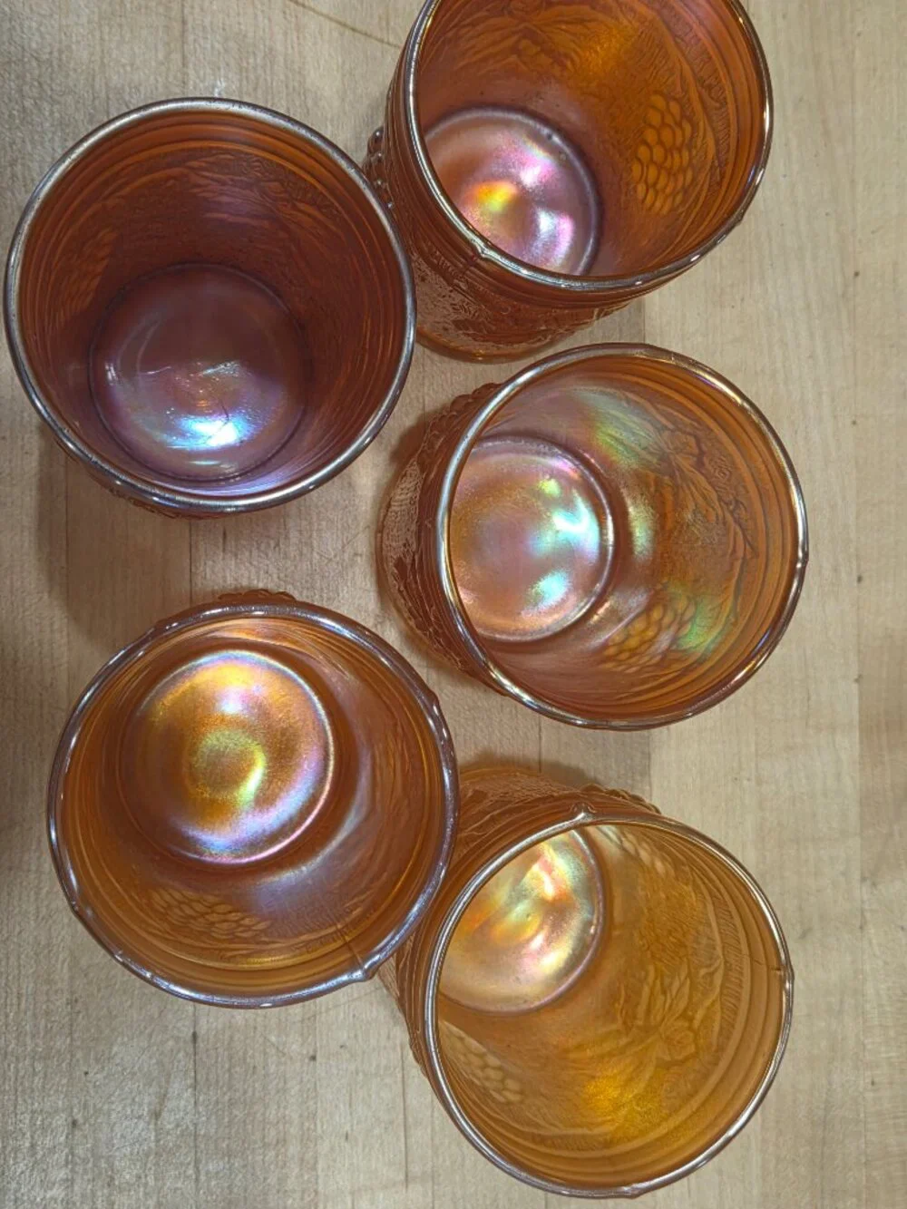 Set of 5 Antique Northwood Marigold Carnival Glass Grape and Gothic Arches Tumbl